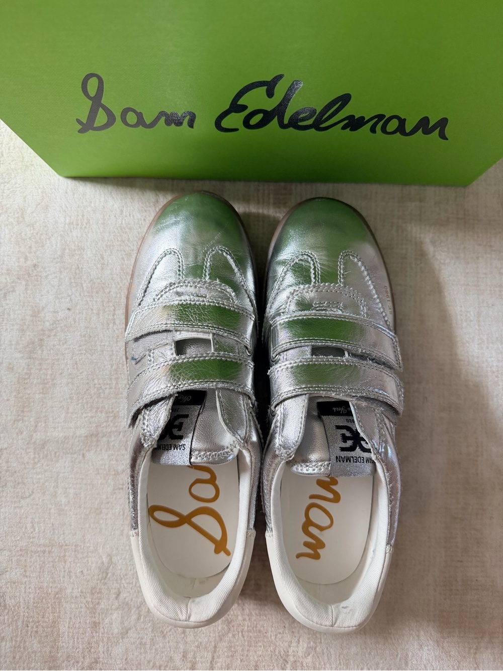 Sam Edelman Metallic Silver Leather Double Strap Sneakers |